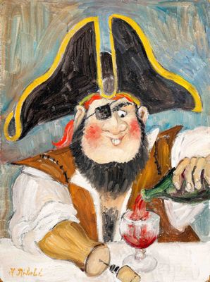 tableau représentant un pirate assis à une table avec une bouteille de vin