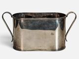 an old silver metal container with handles and handles on a white background