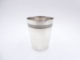 an old silver cup on a white background with a pattern on the rim
