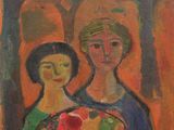 un tableau représentant deux femmes tenant un panier de fleurs devant un arbre