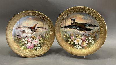 two decorative plates with birds painted on them sitting on a table
