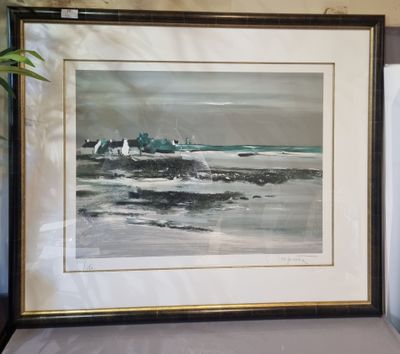 a picture of a painting hanging on a wall next to a potted plant