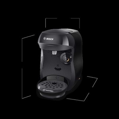 La machine à café est noire et intègre une cafetière.