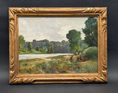 une peinture d'un paysage avec une rivière au premier plan