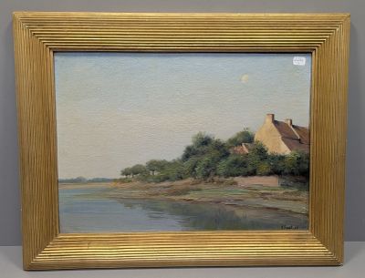 une image représentant un tableau d'une maison au bord d'un plan d'eau