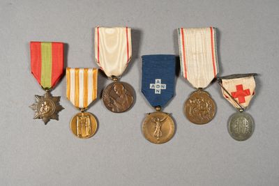 five medals and a medal on a gray surface