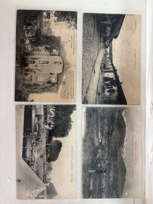 plusieurs vieilles photos en noir et blanc représentant un train et un bâtiment