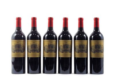 six bottles of red wine are lined up in a row