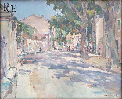 une peinture à l'huile représentant une rue avec des arbres et des bâtiments en arrière-plan