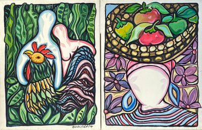 tableau représentant deux tableaux représentant des fruits et des légumes posés sur une table
