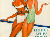 two women in bathing suits standing next to each other on a poster