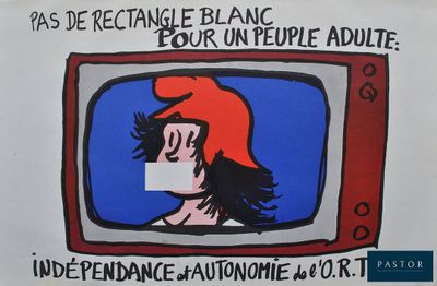 painting of a woman with red hair on a television screen with words on it