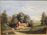 a painting of a farm scene with a house in the background