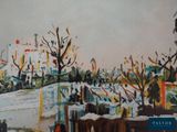 a picture of a painting of a city with a clock tower in the background