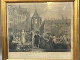 an old picture of a group of people gathered around a building