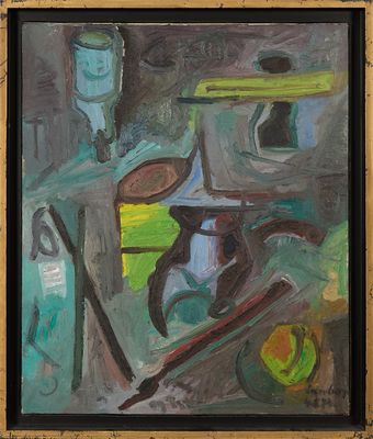 une peinture à l'huile représentant un tableau représentant une table avec un pichet et une corbeille de fruits