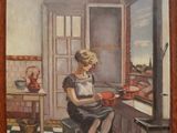 une peinture à l'huile représentant une femme en train de cuisiner dans une cuisine au sol à carreaux