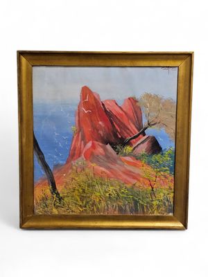 painting of a red rock in a field with a bird on it