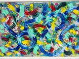 peinture abstraite représentant des tourbillons bleus, verts, jaunes, rouges et blancs
