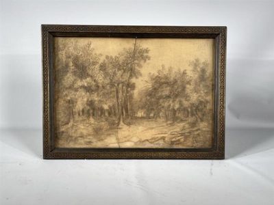 une vieille photo représentant un paysage boisé avec des arbres et un sentier