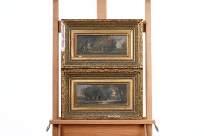 three paintings on a wooden easel with a white wall behind them