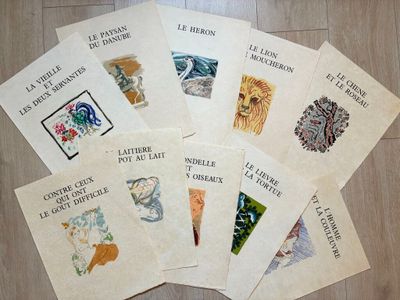 Lot de 11 bois gravés sur papier Japon nacré de 1961 avec de…