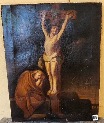 an old painting of jesus on the cross with a woman kneeling next to him