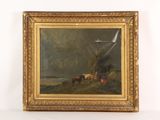 painting of a landscape with a windmill and cattle in the foreground