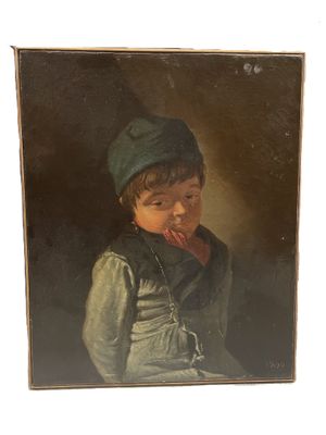 tableau représentant un jeune garçon portant un chapeau et un gilet verts
