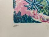 a picture of a painting of a blue flower on a pink background