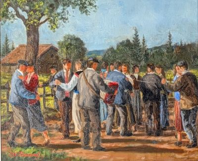a painting of a group of people standing in front of a fence