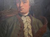 an old painting of a man in a green coat and white shirt