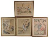 four framed asian paintings of women and trees on a white background