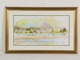 aquarelle encadrée représentant un paysage avec une rivière et des arbres