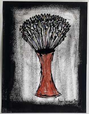 tableau représentant un vase rouge contenant un bouquet de fleurs