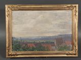 a painting of a landscape with houses and trees in a gold frame