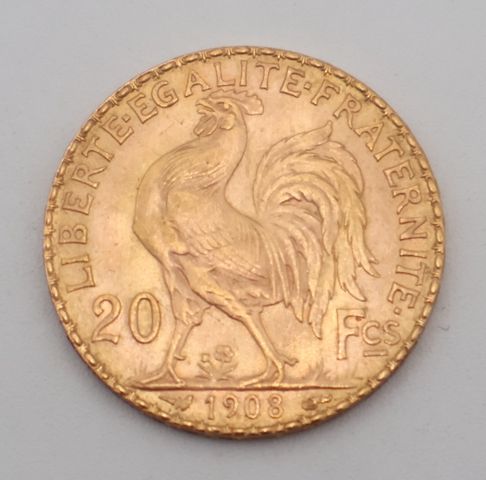 Pièce de monnaie en or à valeur faciale de vingt francs 1908. Fra...
