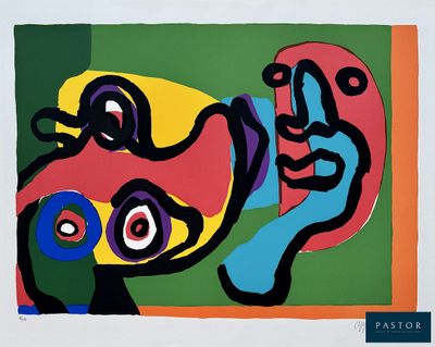 an image of a painting of a woman with a colorful face on a green background