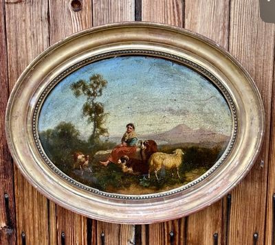 a picture of a painting of a man and a dog in a field