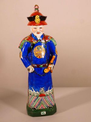 une image représentant une figurine d'un homme vêtu d'un costume bleu et d'un chapeau