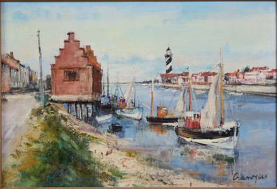 un tableau représentant une scène de port avec des voiliers sur l'eau