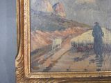 a painting of a man and a dog on a mountain