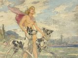 un tableau représentant une femme et deux chiens sur la plage