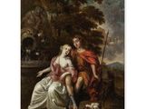 a painting of a man and a woman sitting on a bench with a dog
