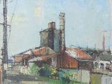 une peinture à l'huile représentant un bâtiment au toit rouge sur fond de ciel