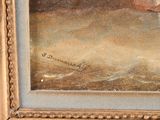 an oil painting of a boat in a body of water