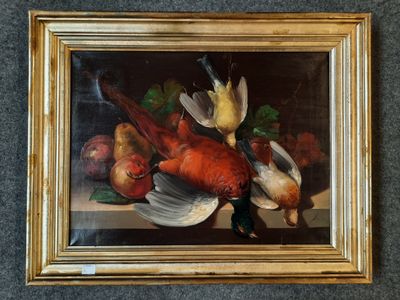 une photo d'un tableau représentant des oiseaux et des fruits posés sur une table