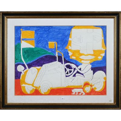 une image représentant un tableau sur lequel figure une voiture avec un homme à l'arrière