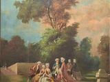 une peinture à l'huile représentant un groupe de personnes assises dans un parc