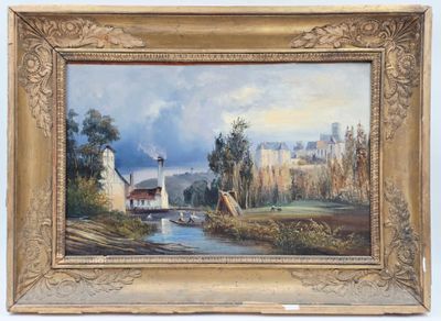 une peinture à l'huile représentant une scène de campagne, avec une rivière au premier plan et un château à l'arrière-plan